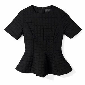 Gracia Black Textured Peplum Blouse Short Sleeve Size Small